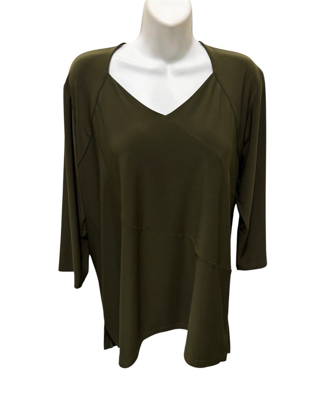 Sympli V Neck Knit Tunic Top Sz 16 Olive Green 3/4 Sleeve Slinky Career Blouse